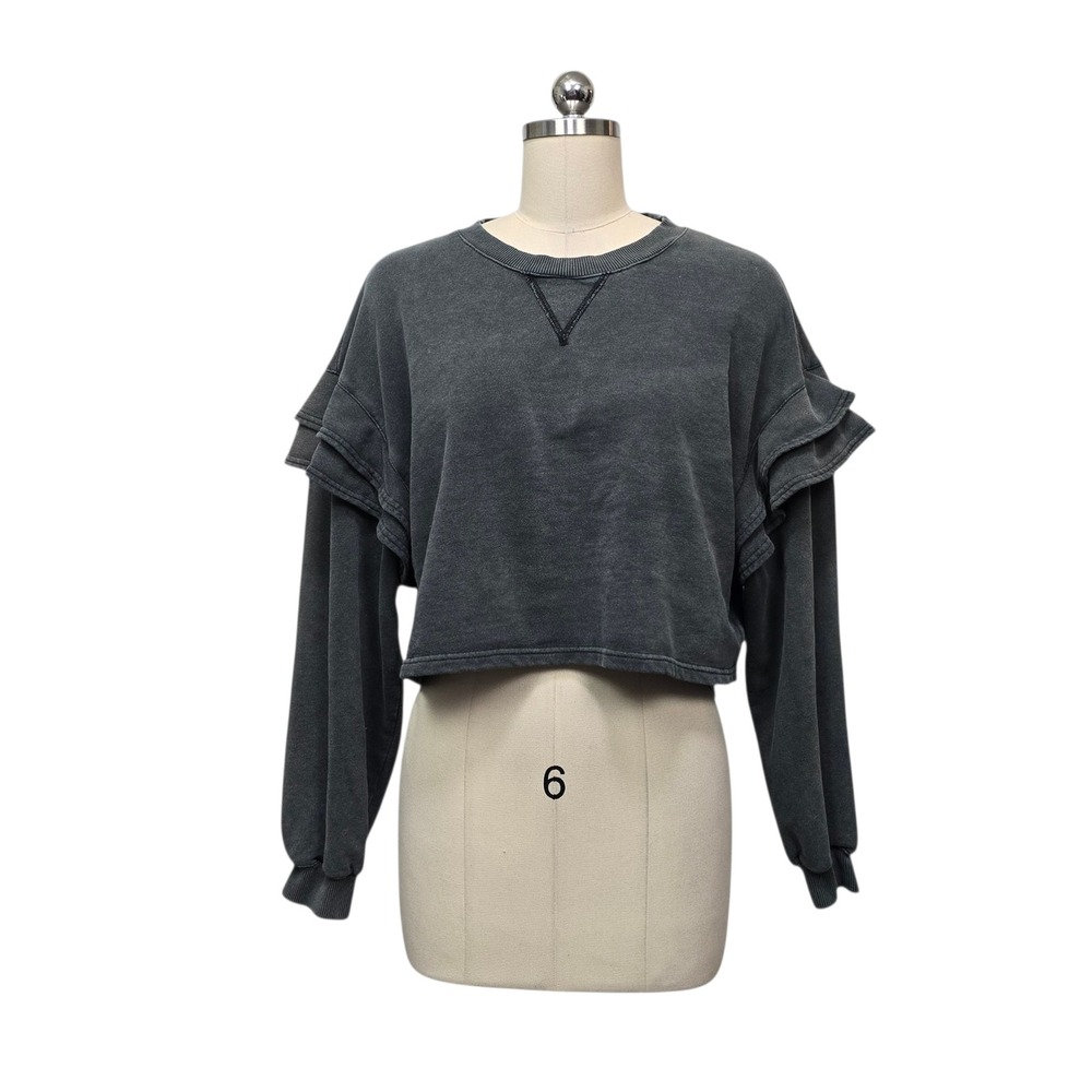 7 For All Mankind Womens Charcoal Grey‎ Ruffle Sleeve Cropped Sweatshirt Size M